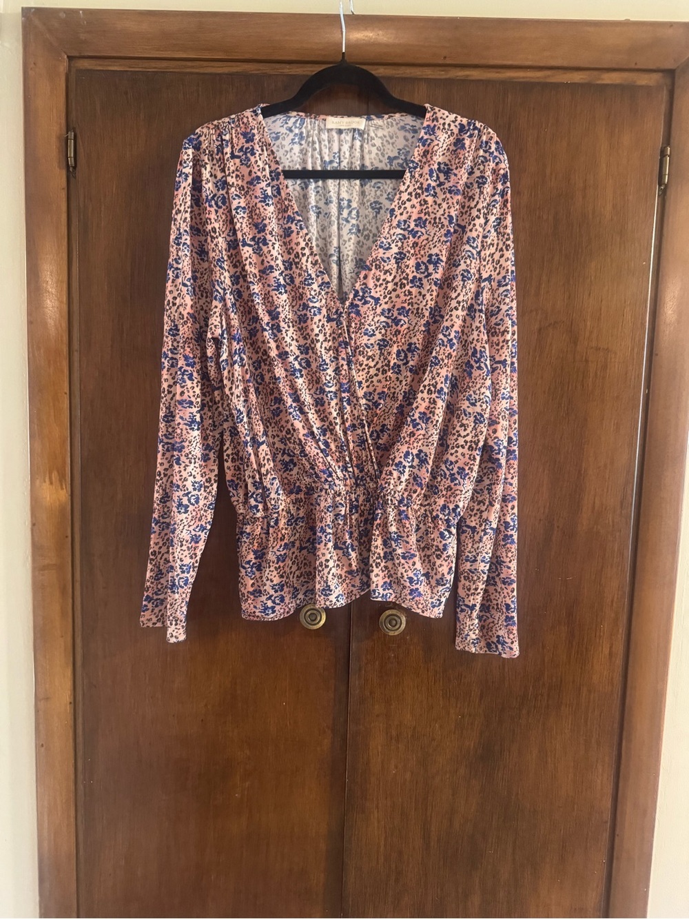 Ramy Brook - Tan & Blue Leopard Print Peplum Blouse Sz L